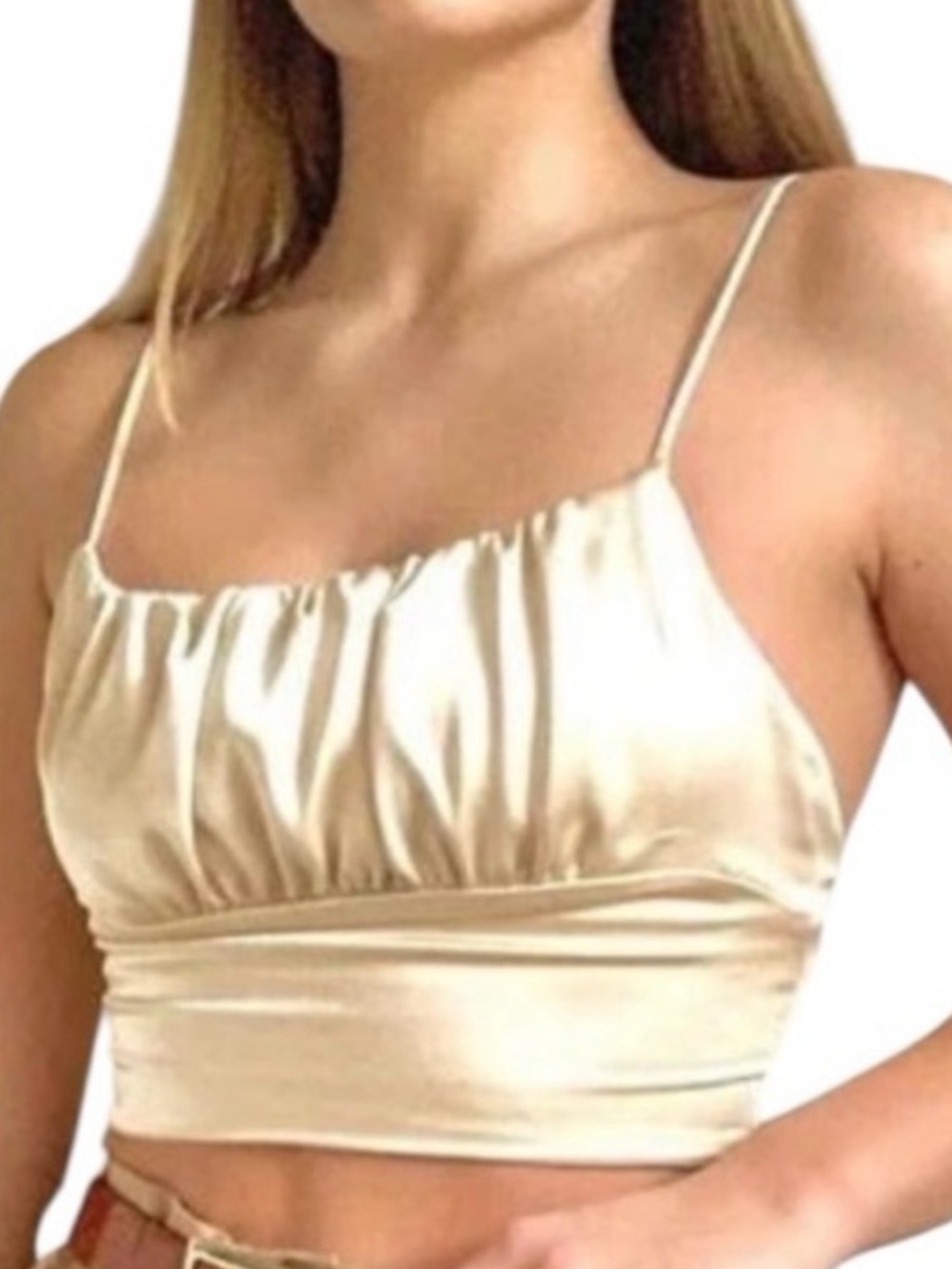 Zara Cream Satin Ruched Spaghetti Strap Crop Top